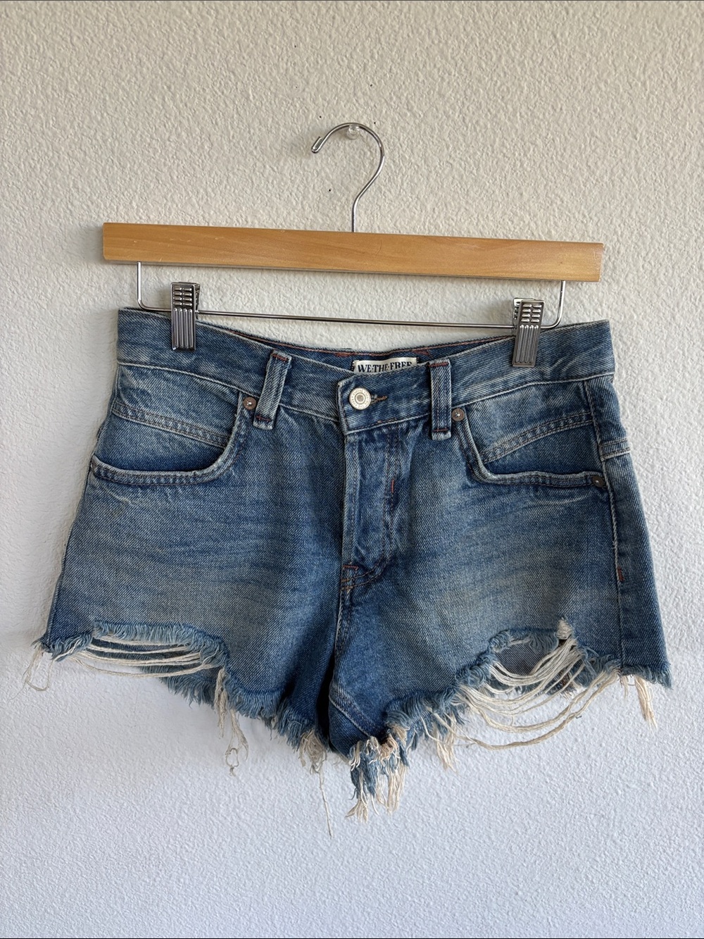 We The Free Now or Never Faded Blue Raw-Hem Denim Shorts